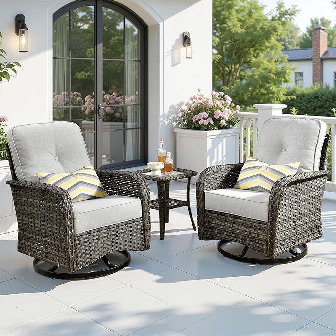 3 Pieces Patio Furniture Set, All-Weather Rattan Wicker Outdoor Furniture with Swivel Rocking Chairs and Side Table, High Back Conversation Set for Porch, Backyard, Balcony,Grey
