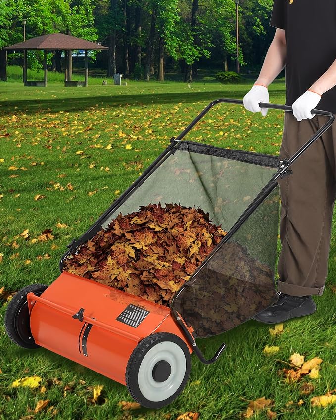 26-Inch Push Lawn Sweeper, 7 Cu. Ft. Hopper Capacity Leaf & Grass Collector with 4 Spinning Brushes, Adjustable Height, for Grass Clippings, Leaves & Debris, Orange