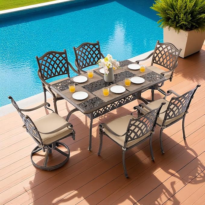 7 Piece Cast Aluminum Outdoor Dining Set, Retro Patio Dining Furniture Set for 6 Includes 59” Table 2 Swivel & 4 Stackable Lattice Chairs with Cushions and 2“ Umbrella Hole for Porch Poolside Garden