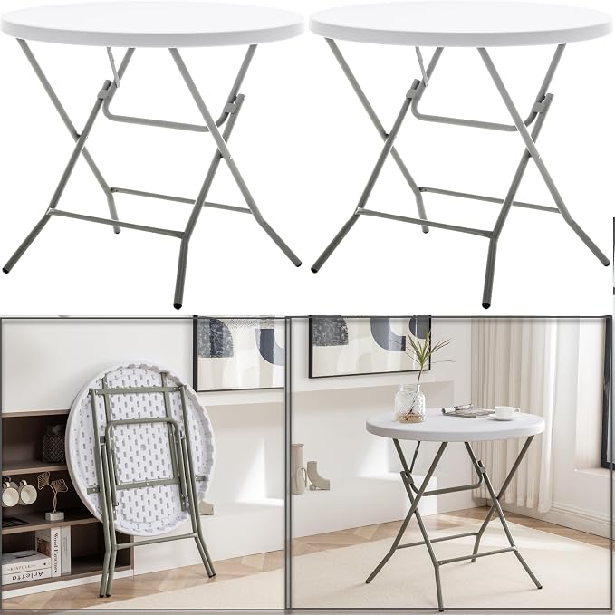 BTEXPERT Set of 5, White 2.63 Foot Round Plastic Folding 30" Height Commercial Portable for Banquet Card Plastic Coffee Dining Wedding Party Event Home Kitchen Indoor Outdoor Thick Top Metal Frame
