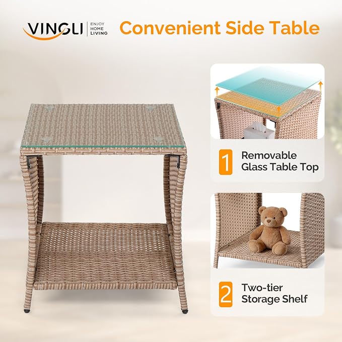 VINGLI Outdoor Wicker Side Table Patio Side Tables for Outside, Tempered Glass Top Wicker Table with Storage End Table for Balcony Porch Deck (Natural)