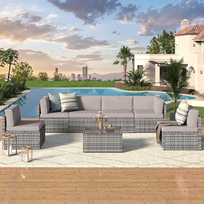 U-MAX 7 Piece Outdoor Patio Furniture Set, PE Rattan Outdoor Wicker Sectional Furniture Chair Set with Cushions and Tea Table, Grey Rattan and Grey Cushion