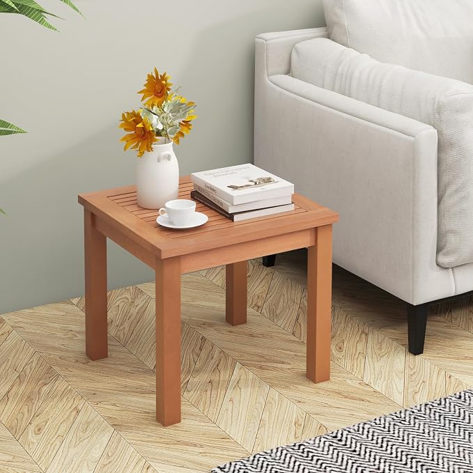 Tangkula Adirondack Outdoor Side Table, 18" Small Square Patio End Table with Slatted Tabletop, Natural Eucalyptus Wood Side Table for Backyard, Garden, Porch & Poolside (18” x 18”)
