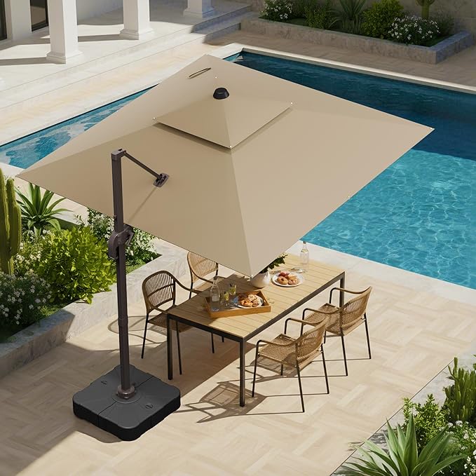 10x10 FT Patio Umbrella with Base, Large Cantilever Double Top Heavy Duty Offset Umbrellas with 360° Rotation, Outdoor shade for Garden Deck Pool, Tan