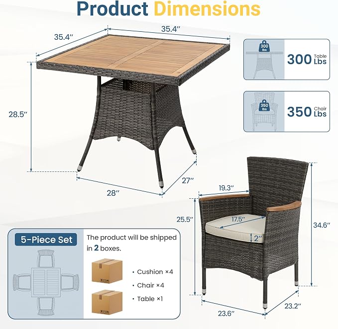 Wisteria Lane 5-Pieces Patio Dining Sets, Rattan Outdoor Table and Chairs with Acacia Wood Tabletop, Metal Patio Dining Furniture for 4 with Removable Cushions for Deck Garden Backyard, Grey