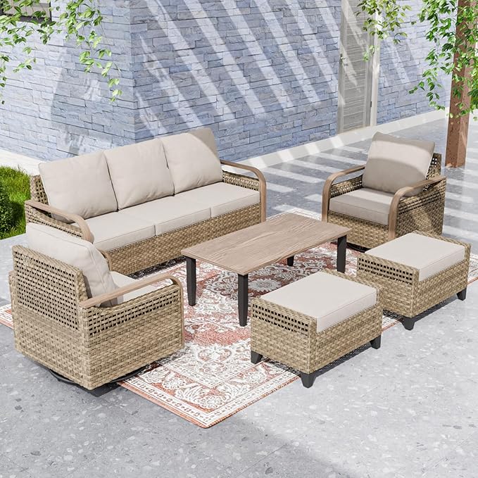 EAGLE PEAK Modern Wicker Outdoor Patio Furniture Set, Patio Conversation Set, 2 Swivel Rocking Chairs, 3-Seat Loveseat, 2 Ottomans and Coffee Table, 6 Pieces, Brown/Gray