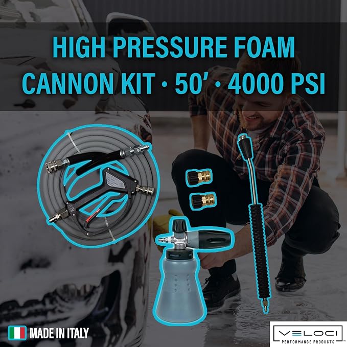 MTM Hydro PF22 Wide Mouth Foam Cannon Kit for Pressure Washer, SGS28 Spray Gun with Stainless Steel Swivel, Kobrajet 50' Grey Hose, Lance and Fittings