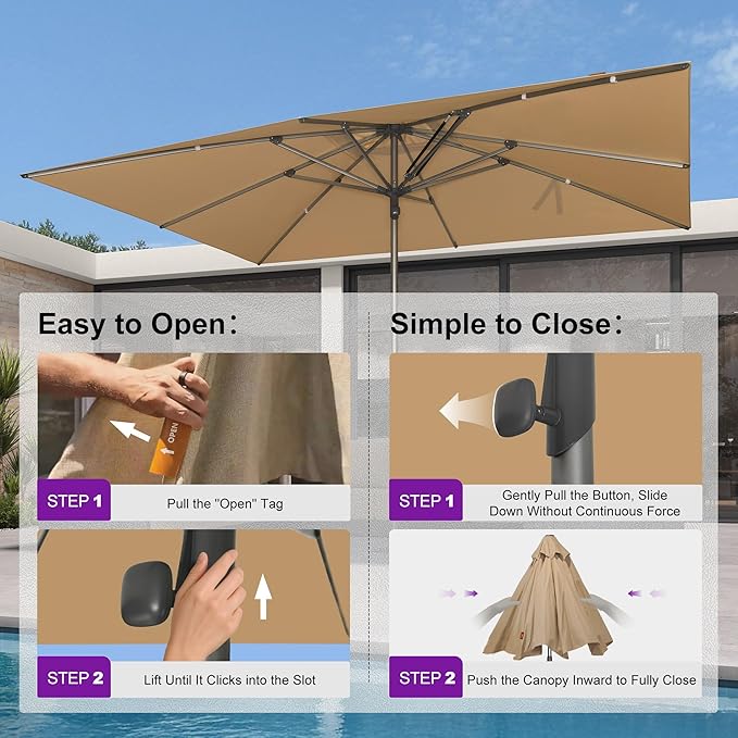 PURPLE LEAF 9 X 12 FT Commercial Rectangle Patio Market Umbrella Semi Auto Heavy Duty 1.9" Aluminum Pole 8 Sturdy Ribs for Restaurant Cafe Hotel Outdoor Dining Resort Cafes Bulk Order Deck Pool Garden Beige