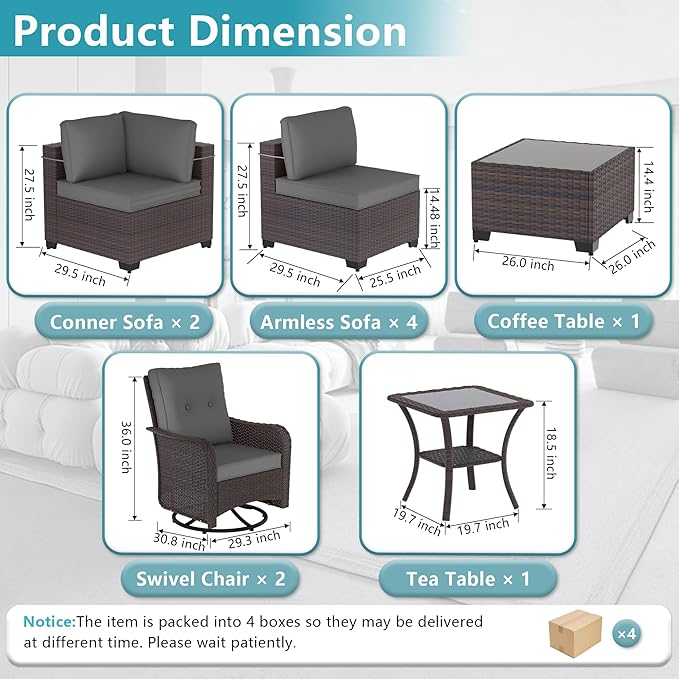 ALAULM 10 Pieces Patio Furniture Set with 2 Swivel Chairs Wicker Patio Conversation Set, Outdoor Sectional Furniture w/Coffee Table & Washable Seat Cushions-Grey