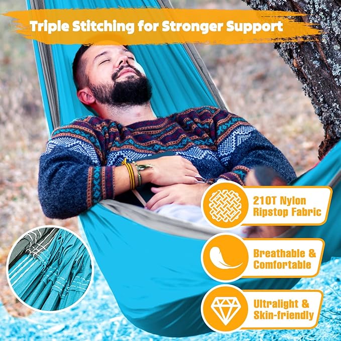 NATUREFUN Ultra-Light Travel Camping Hammock | 300kg Load Capacity,Breathable,Quick-Drying | 2 x Premium Carabiners,2 x Nylon Slings Included | Outdoor Indoor Garden