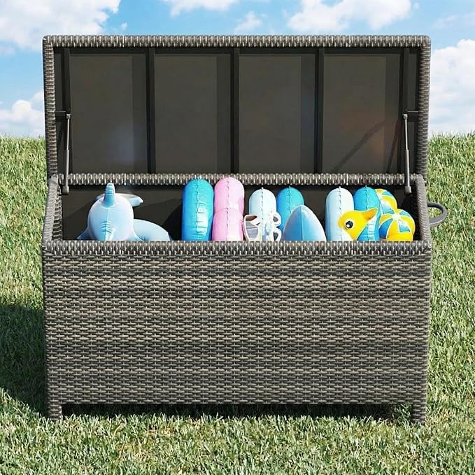 TrailBlaze 120 Gallon Outdoor Wicker Deck Storage Box – Waterproof PE Rattan Chest with Lockable Lid & Gas Strut, Multi-Purpose Resin Storage for Cushions, Garden Tools, Pool Supplies