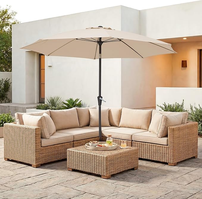 JEAREY 9FT Outdoor Patio Umbrella, Market Table Umbrella with 8 Fiberglass Ribs, Pool Umbrella with Tilt and Crank, UV Protection Lightweight & Wind-Resistant for Lawn, Garden, Deck and Backyard, Beige