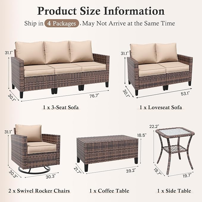 Amopatio Patio Furniture Set, 6-Piece Wicker Outdoor Sectional Sofa with Swivel Rocker Chairs, Rattan Conversation Set with Storage Coffee Table and Waterproof Cover for Backyard Brown/Khak