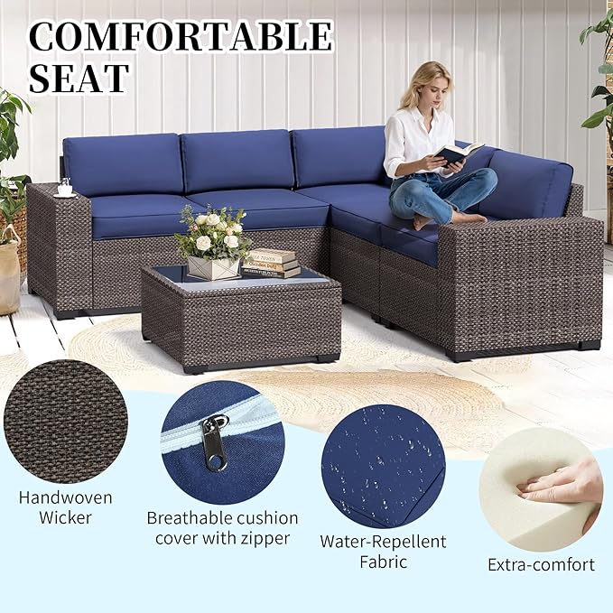 6 Pieces Wide Armrest Patio Furniture Set, Rattan Sectional Furniture with Thickened Cushions, Outdoor Patio Conversation Sets for Backyard, Poolside, Garden, Navy Blue/Brown, Sets of 6