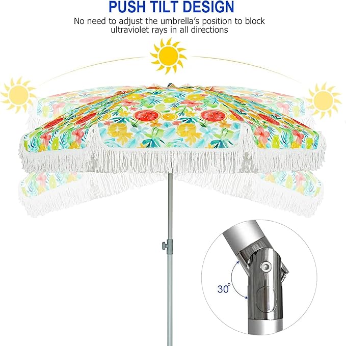 AMMSUN 6.5ft Beach Umbrella with Sand Anchor, Heavy Duty Windproof Beach Patio Umbrella with fringe Tilt & UPF 50+ Sun Protection, Carry Bag for Beach Pool Garden Backyard