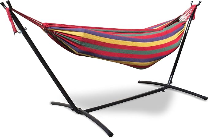 Mototeks Double Hammock with Steel Stand and Carry Bag for Garden Deck Yard Campsite Indoor Outdoor Use Comfort Durability Striped Large Hanging Chair (Red)