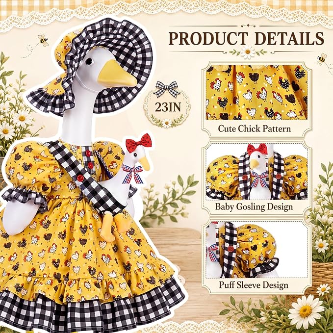 Porch Goose Outfit Set for 23 Inch Goose Statue, Spring Yellow Lolita Dress with Hat and 3D Baby Apron, Rustic Farmhouse Easter Summer Patio Yard Lawn Decor