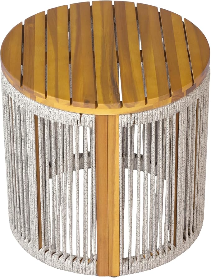 Teak Finish Acacia Wood Round Side Table with Light Grey Color Rope, 25 lbs Weight Capacity, Weather-Resistant Accent Table for Patio Backyard Living Room