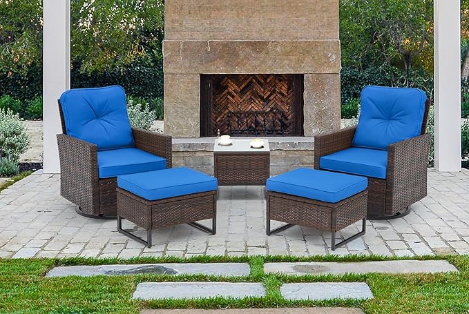 AVAWING 5 Piece Wicker Swivel Rocker, Patio Glider Chairs with Ottoman & Tempered Glass Side Table, Outdoor Conversation Set for Backyard, Garden and Poolside(Blue)