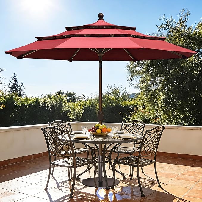 EliteShade USA 10-Year-Non-Fading 10ft 3-Tier Market Patio Umbrella, Commercial Grade Outdoor Table Umbrella with Crank Open, Windproof & UPF 50+ UV Protection, Heavy Duty Ventilation for Garden, Deck, Pool, Backyard, Beach & Bistro, Burgundy