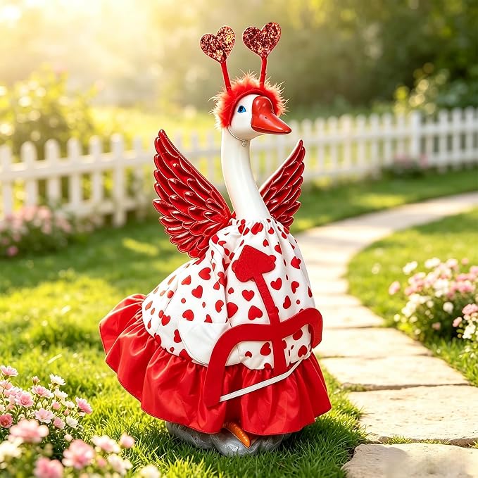 Porch Goose Outfit Heart Dress Geese Costume for Outdoor Lawn Decor | Stable Weighted Base,Heart-Patterned Dress With Red Wings and Cupid'S Bow, Realistic Goose Sculpture for Garden,Yard