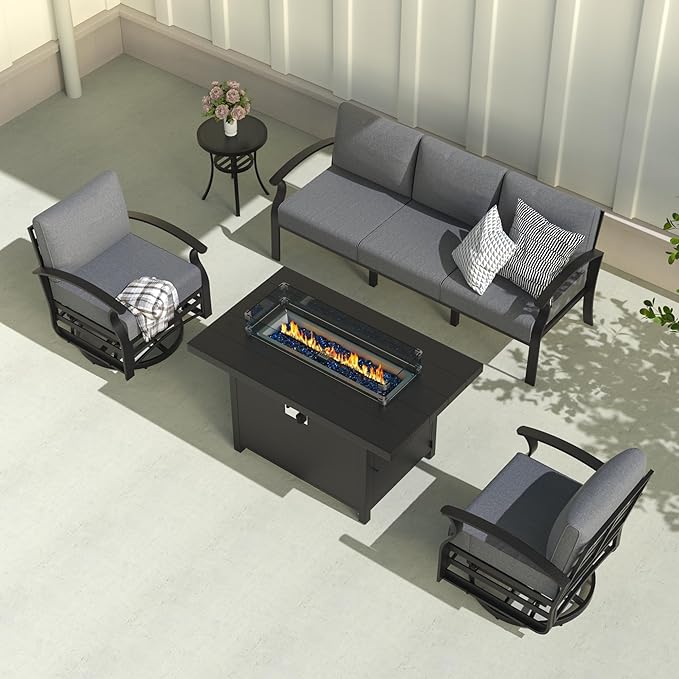 Aluminum Outdoor Patio Furniture Set,5 Pieces 5 Seats Metal Patio Sectional Furniture Set,Patio Conversation Sets with 45" Propane Fire Pit Table,Swivel Rocking Chairs Set,Grey