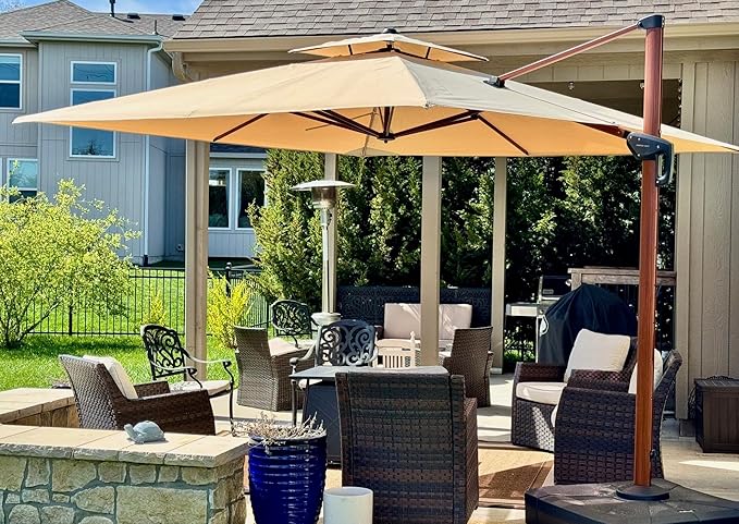 PURPLE LEAF 11' X 11' Patio Umbrella Cantilever Outdoor Umbrellas Square Large Parasol Windproof Sunshade Heavy Duty Sun Umbrellas for Deck Pool Patio Garden, Beige