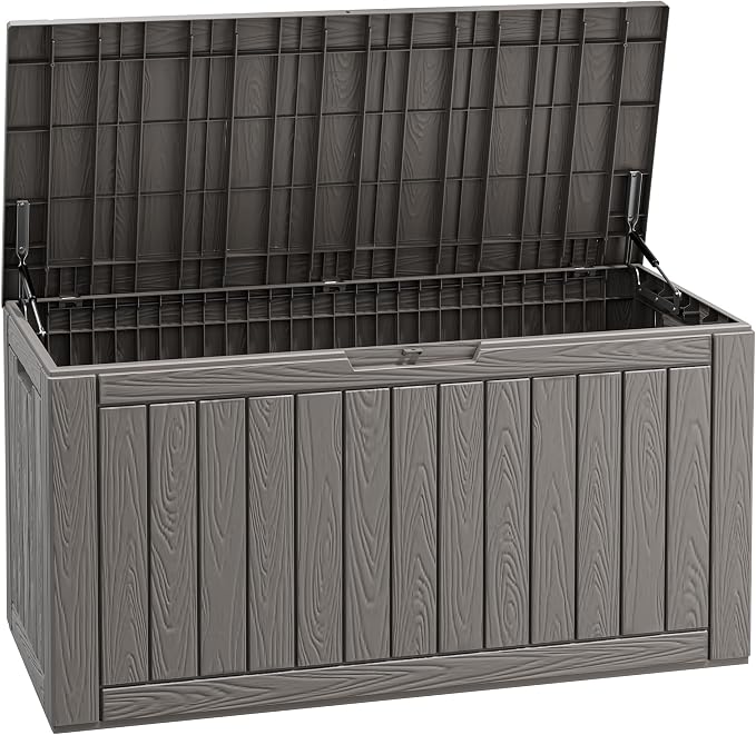 Fancyango 110 Gallon Outdoor Deck Box Waterproof, Large Storage Box for Patio, Resin Storage Bench Lockable for Garden Tools, Package Delivery, Grey