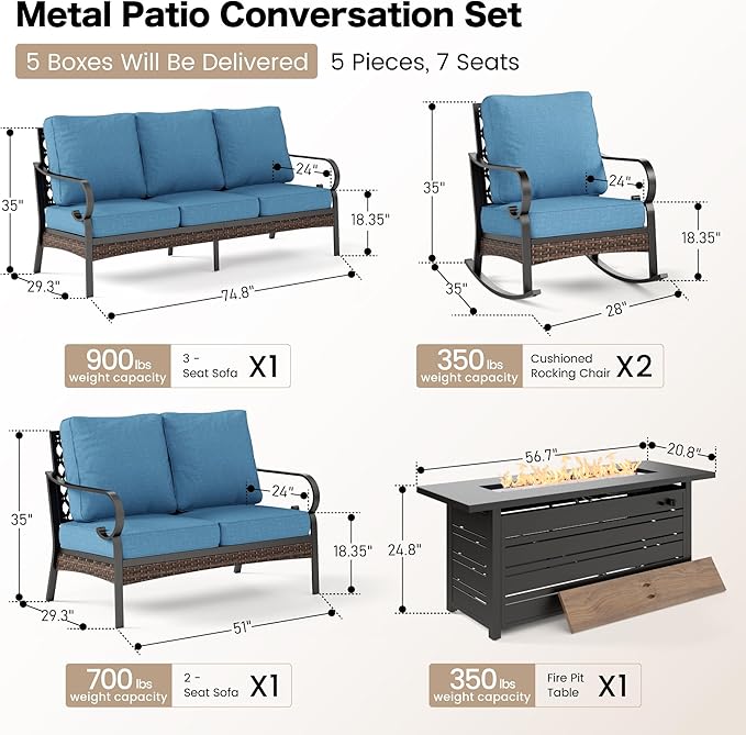 5 Piece Metal Outdoor Patio Furniture Set with Firepit Table, Patio Conversation Set 1 3-Seater Sofa, 2-Seater Sofa, 2 Rocking Chairs with 5.75" Cushion for Backyard Deck, Denim Blue
