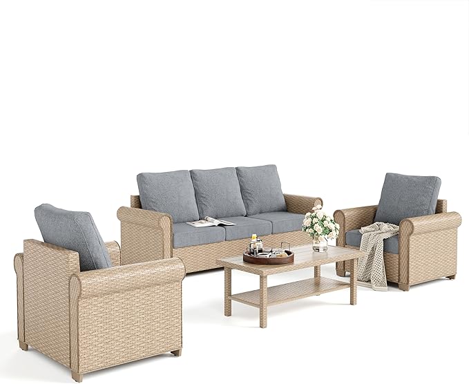 HERA'S HOUSE 4-Piece Patio Furniture Set, All Weather 5 Seats Outdoor Wicker Sofa with 44" Coffee Table, 5.5" Thick Waterproof Cushion Conversation Couch Set for Garden Deck Backyard, Grey
