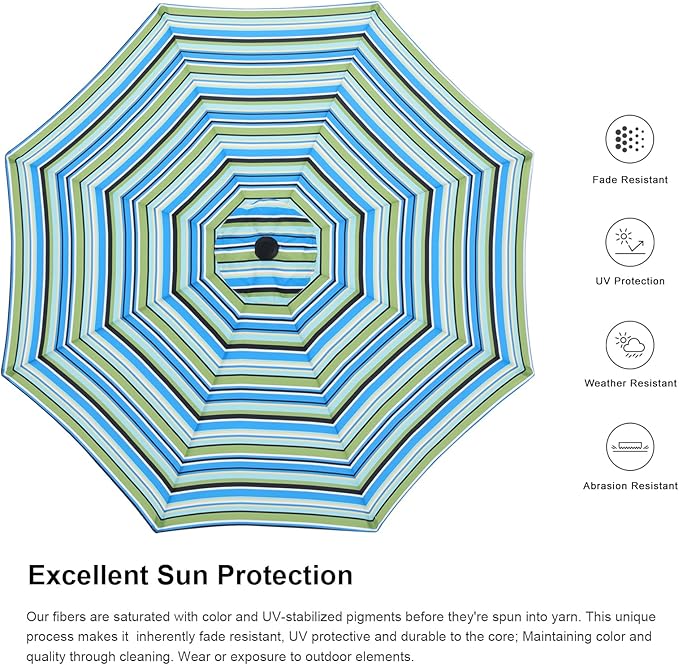ABCCANOPY 9FT Patio Umbrella - Outdoor Waterproof Table Umbrella with Push Button Tilt and Crank, 8 Ribs UV Protection Pool Umbrella for Garden, Lawn, Deck & Backyard (Blue Green Stripes)