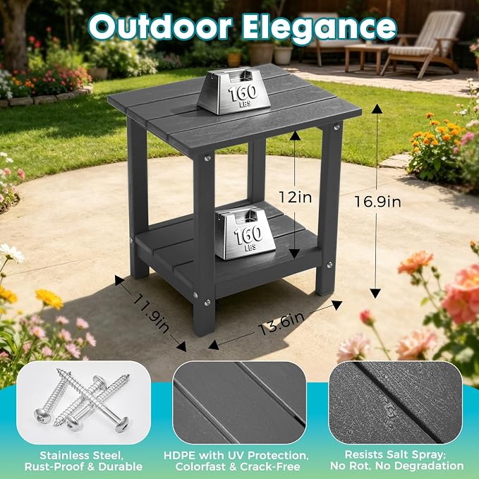 Outdoor 2-Tier Square Side Table, Adirondack Weather Resistant Patio End Table, Low Maintenance HDPE Accent Table for Backyard, Pool, Porch, Deck, Gray