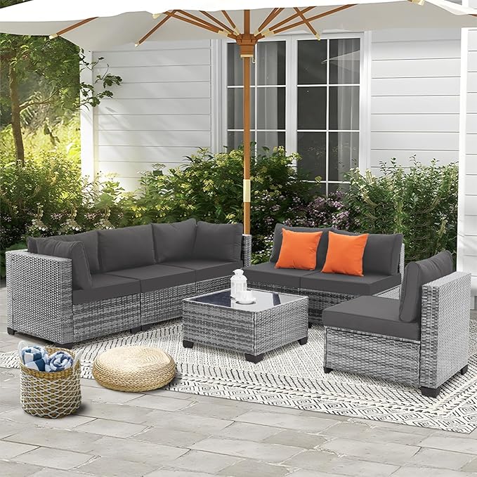 FHFO 7 Pieces Outdoor Patio Furniture Set, Outdoor Conversation Sets Wicker Sectional Couch Rattan Sofa with Thick Cushions & Coffee Table for Garden, Balcony, Backyard, Grey-Grey