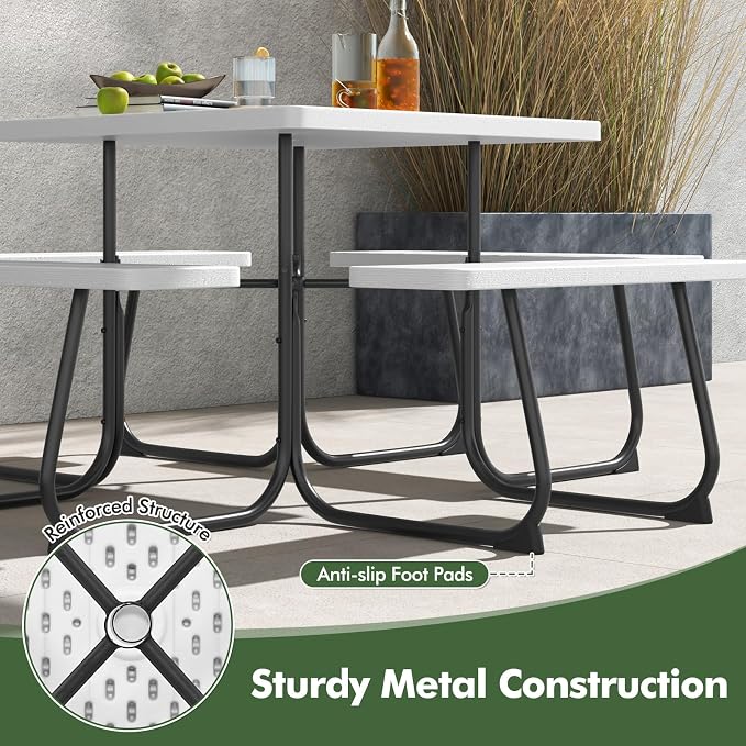 HAPPYGRILL 4-8 Person Square Picnic Table Bench Set with Umbrella Hole, Outdoor Camping Table with HDPE Material and Sturdy Metal Frame for Patio, Garden and Backyard, White