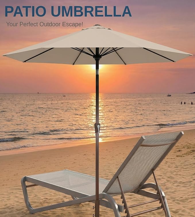 10FT Patio Umbrella, Outdoor Umbrella with Push Button Tilt and Crank, 8 Sturdy Ribs, UV Protection & Waterproof Market Umbrella for Pool, Backyard, Beach,Deck (Beige)
