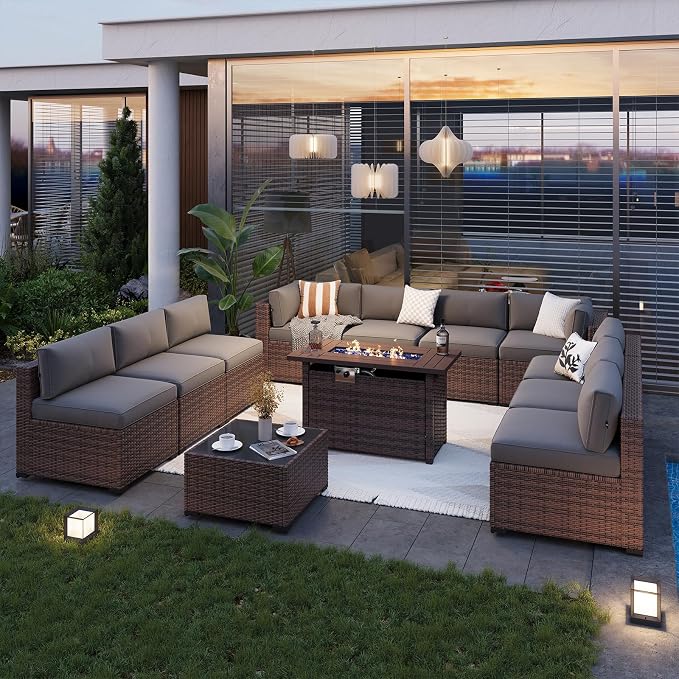 Aoxun Patio Furniture Sets, 12-Piece Outdoor Patio Furniture with 44'' Propane Gas Firepit Table, Wicker Outdoor Conversation Set Sectional Sofa for Backyard, Poolside, Garden
