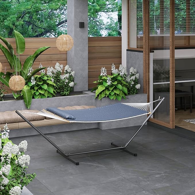 Double Outdoor Hammock with Stand,2 Person Portable Hammock, Heavy Duty Hammock with Soft Pillow,Curved Spreader Bar,Balance Ropes for Outdoor Patio Backyard Poolside,Grey