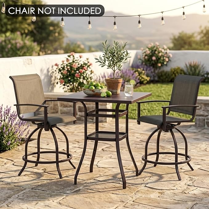 Kozyard Outdoor Bar Height Table with Realistic Marble Texture Top, 36" Square Patio Pub with 2-Tier Storage Shelves, All-Weather Metal High Top Bistro Table for Backyard, Balcony, Poolside