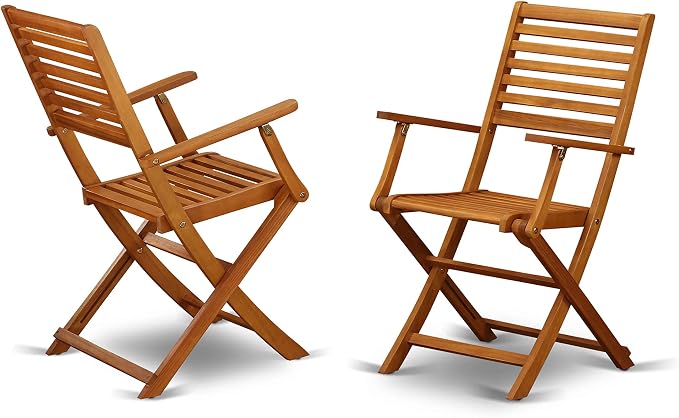 East West Furniture MNBS3CANA 3 Piece Outdoor Conversation Bistro Set Contains a Round Acacia Wood Coffee Table and 2 Folding Arm Chairs, 30x30 Inch, Natural Oil