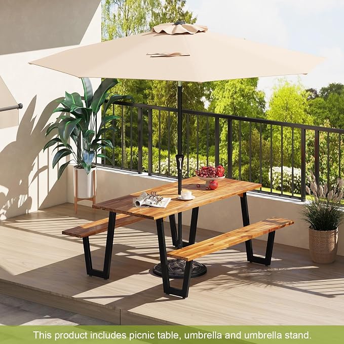 S AFSTAR 70" Acacia Wood Outdoor Picnic Table Set with 10Ft Umbrella & Base, Heavy Duty Wooden Outside Dining Table Set with Bench, All-Weather Patio Dining Set for 6, Garden, Backyard