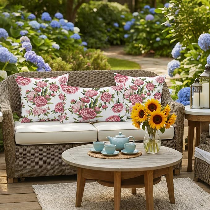 Pink Floral Outdoor Pillow Covers 24x24 Inch Throw Pillow Covers Set of 2 Waterproof Decorative Pillow Cases Pastoral Botanical Leaves Farmhouse Rustic Cushion Covers for Patio Furniture Garden Couch