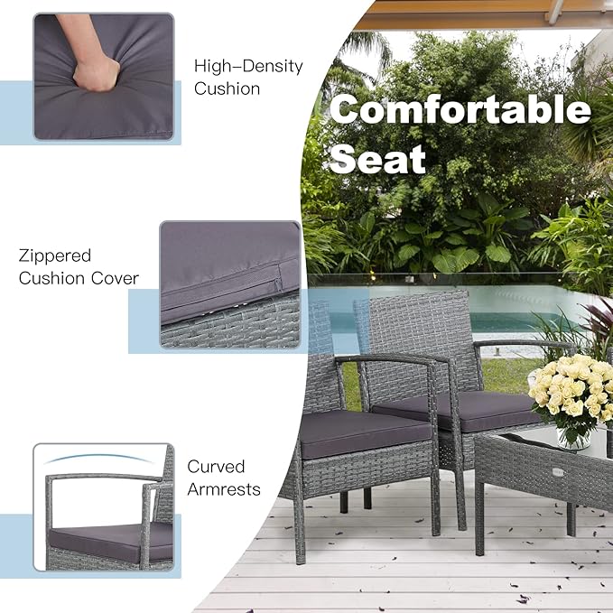 Tangkula 4 Piece Patio Furniture Set, Patiojoy Outdoor Wicker Conversation with Soft Cushion, Glass Tabletop, Solid Steel Frame, Sectional Sofa for Backyard, Poolside, Balcony