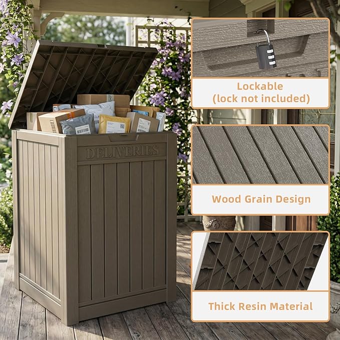 EasyUp Package Delivery Boxes for Outside, 55-Gallon Lockable Parcel Drop Box, Large Double-Walled Resin Weatherproof Storage Porch Box for Deliveries and Patio(Grey)