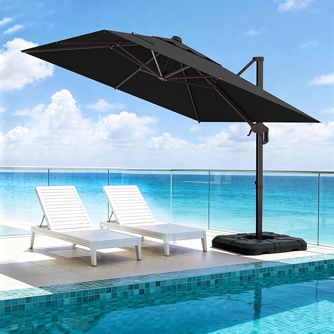 10' X 10' Patio Umbrella Cantilever Outdoor Rectangle Umbrella with Base Included, Heavy Duty 360°Rotation Offset Umbrella for Garden Deck Pool Patio, Black