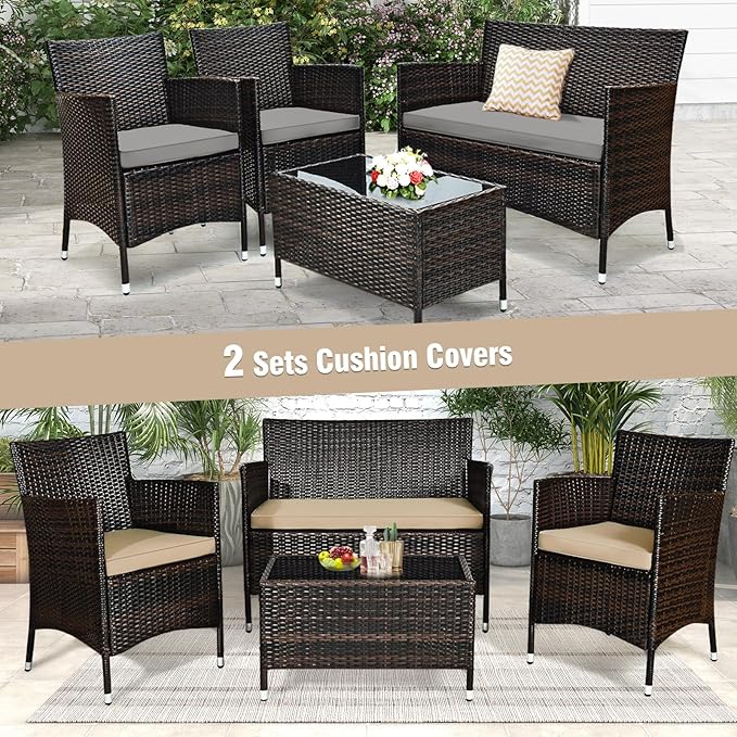 Tangkula 4-Piece Rattan Patio Furniture Set, w/Tempered Glass Coffee Table, Outdoor Sofa Table Set, w/Thick Cushion, Manual Weaving Conversation Set for Garden, Lawn, Poolside (1, Beige & Grey)