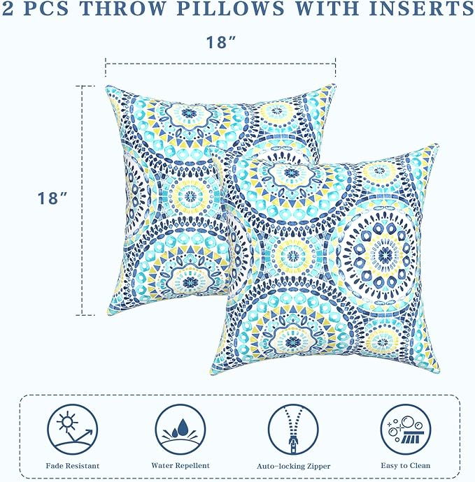 LVTXIII Outdoor/Indoor Throw Pillows, Decorative Throw Pillows with Inserts, 18”x18” Square Pillows for Bed, Couch, Sofa and Patio Furniture (Set of 2, Delancey Lagoon)
