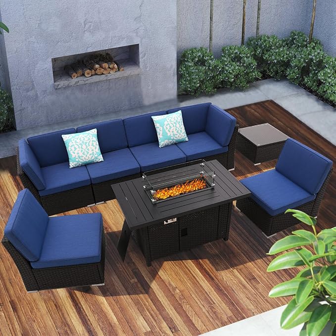 8 PCS Patio Sofa Set with Firepit Table Tempered Coffee Table Outdoor Sectional Set Patio Conversation Set Patio Furniture Sets All Weather with Thick Cushion, Rattan Handwoven