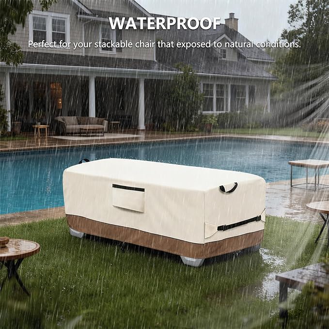 Outdoor Waterproof Lounge Chair Covers for 4-6 Stackable Patio Chaise Lounge Chairs,Heavy Duty Durable Chaise Loungers Cover for Stacked Pool Lounge Chairs,80'' L x 32" W x 40" H,Beige