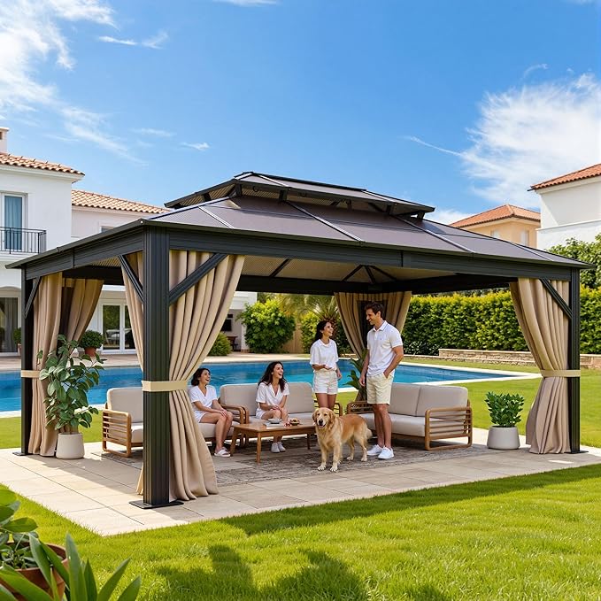 YITAHOME 12x16FT Polycarbonate Gazebo Double Roof Canopy Outdoor with Netting and Shaded Curtains, Aluminum Frame Polycarbonate Hardtop Garden Tent for Patio, Backyard, Deck and Lawns, Brown