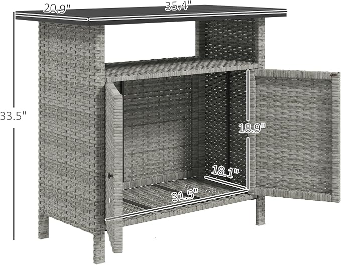Outsunny Wicker Outdoor Storage Cabinet, Rattan Bar Table with 2 Doors and Shelf, Buffet Sideboard with Metal Slatted Countertop for Poolside, Patio, Backyard, Gray